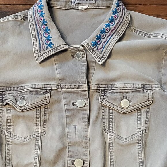 Embroidered Distressed Denim Jacket Gray Coldwater Creek Plus Size 2XL Grunge - Picture 11 of 11